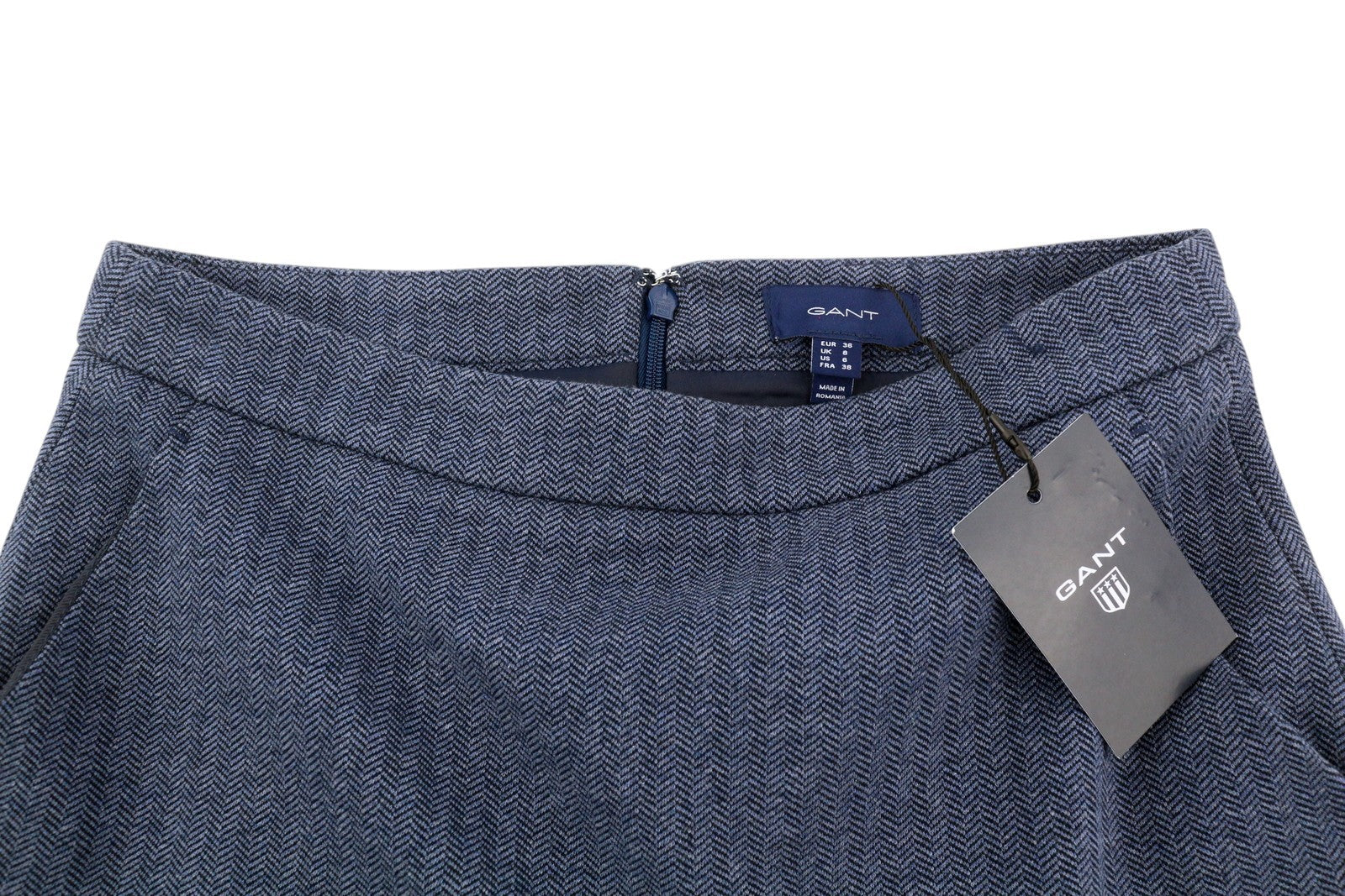 GANT Women Skirt EU36 Blue Herringbone Zip Fly Lined Pencil Mini