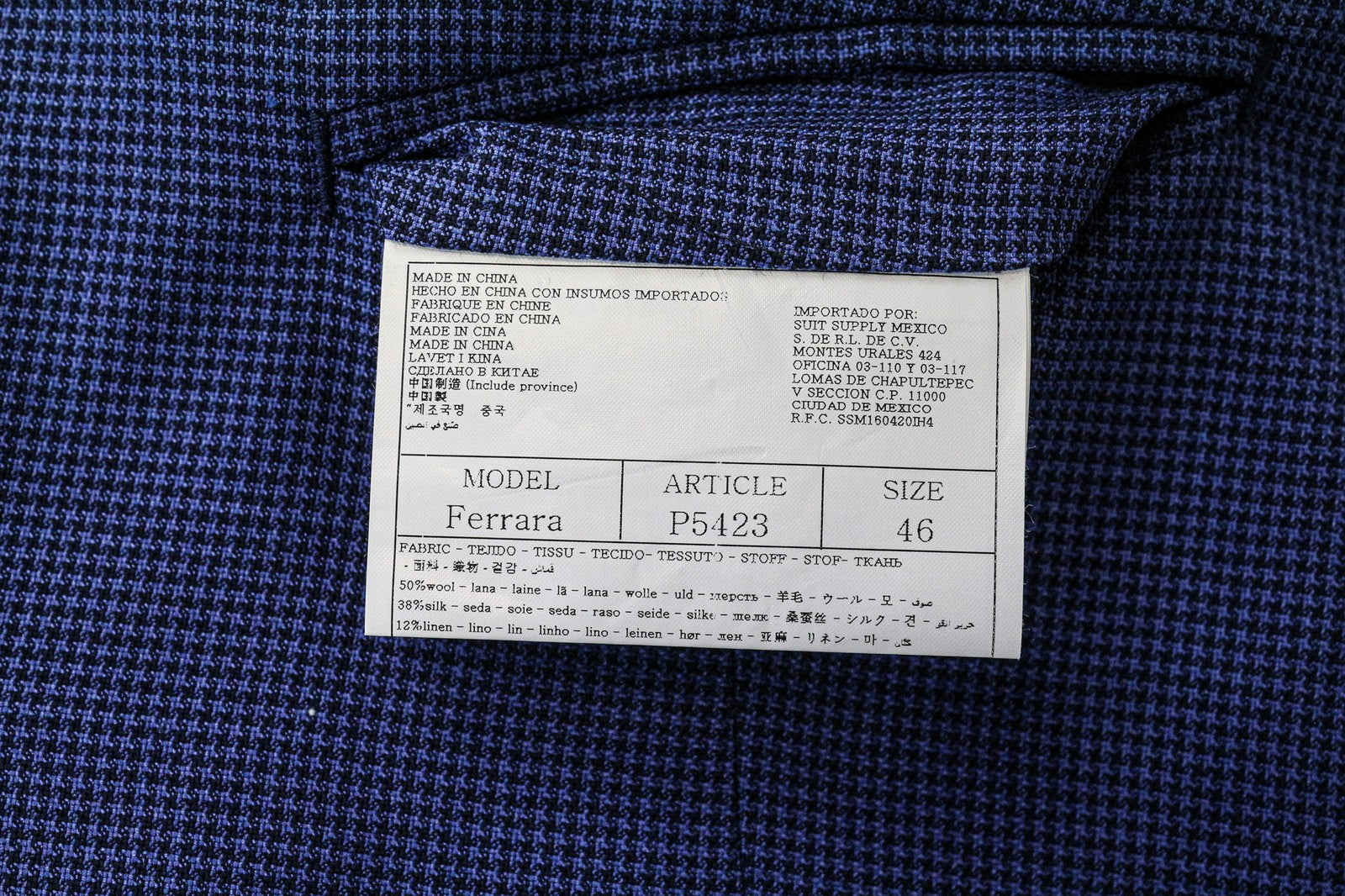 SUITSUPPLY vyriškas švarkas „Havana“ (UK36R), mėlynas, plonas, vilnonis, šilkinis, dviejų dalių kostiumas su „Houndstooth“ raštu. 
