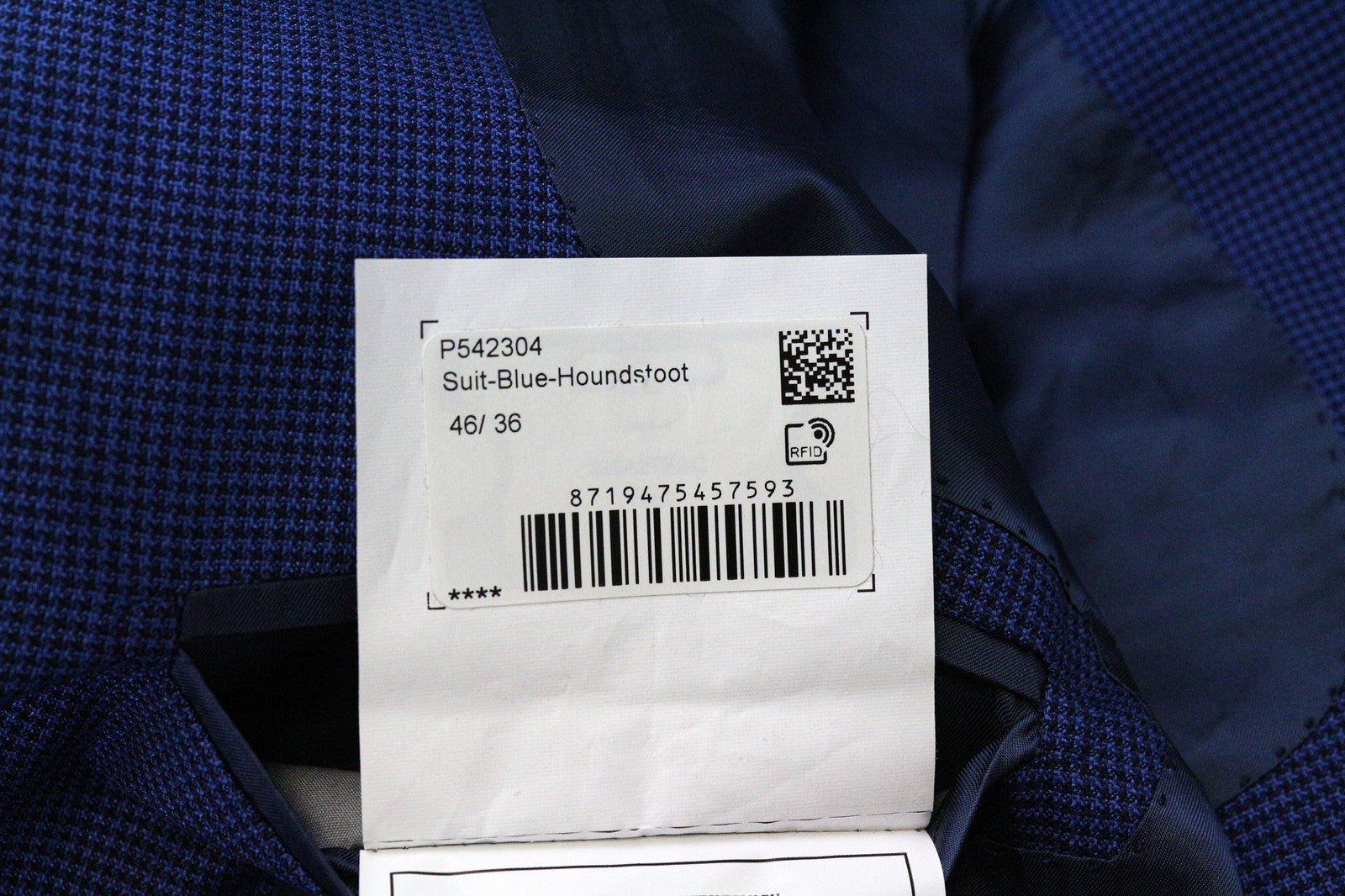 SUITSUPPLY vyriškas švarkas „Havana“ (UK36R), mėlynas, plonas, vilnonis, šilkinis, dviejų dalių kostiumas su „Houndstooth“ raštu. 