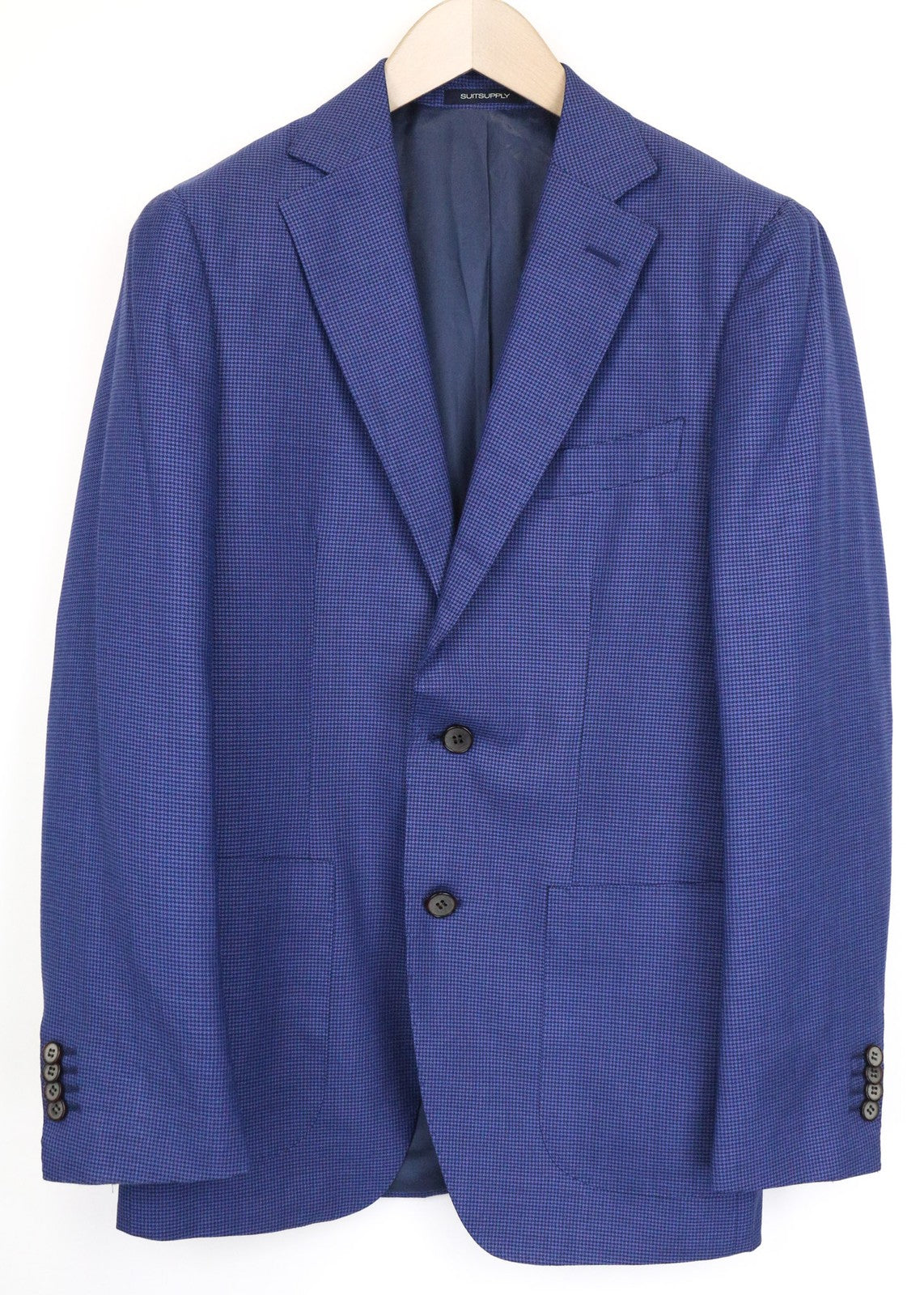 SUITSUPPLY vyriškas švarkas „Havana“ (UK36R), mėlynas, plonas, vilnonis, šilkinis, dviejų dalių kostiumas su „Houndstooth“ raštu. 