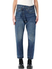 R13 Cross Over Women Jeans 27 Oasis Blue Faded Distress Asymmetrical PS26 RRP946