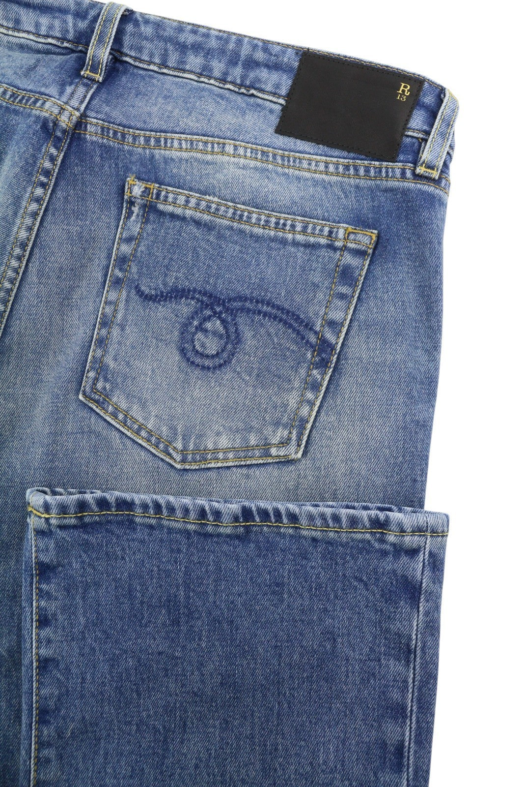 R13 Kick Fit Women Jeans 32 Jasper Stretch Cropped Whiskers Faded Flare PS26