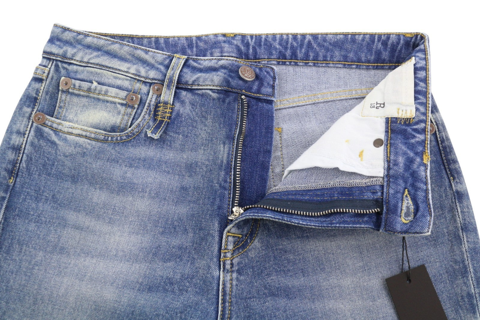 R13 Kick Fit Women Jeans 29 Jasper Stretch Cropped Whiskers Faded Flare PS26