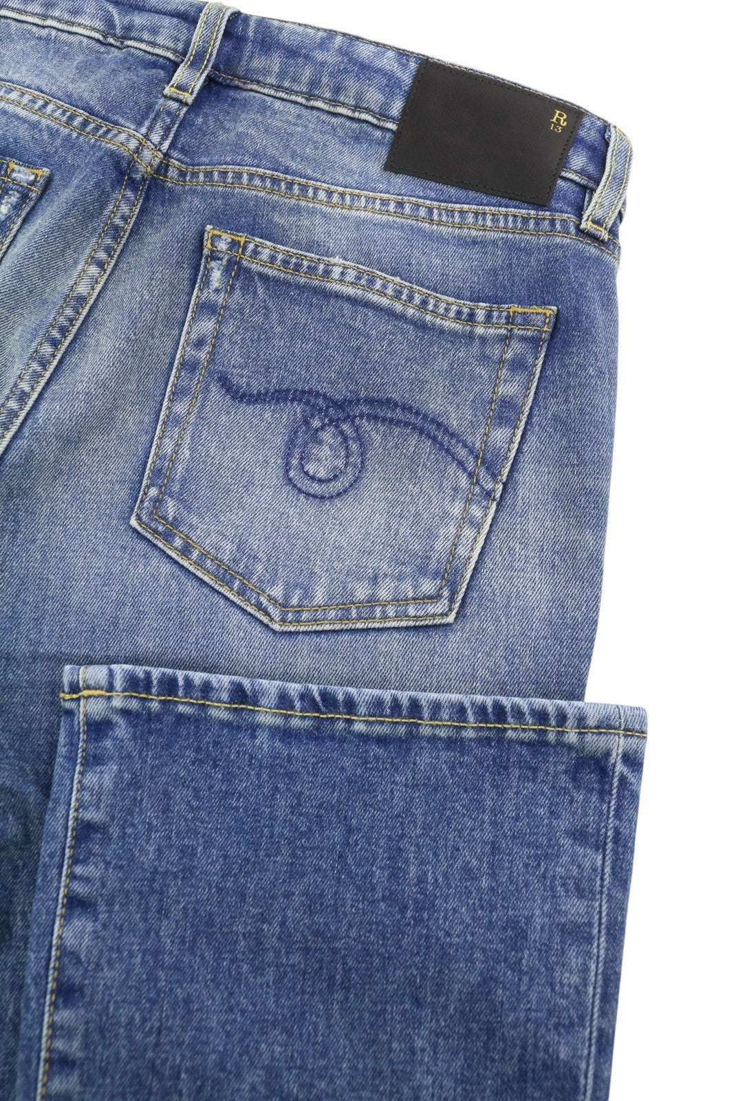 R13 Kick Fit Women Jeans 29 Jasper Stretch Cropped Whiskers Faded Flare PS26