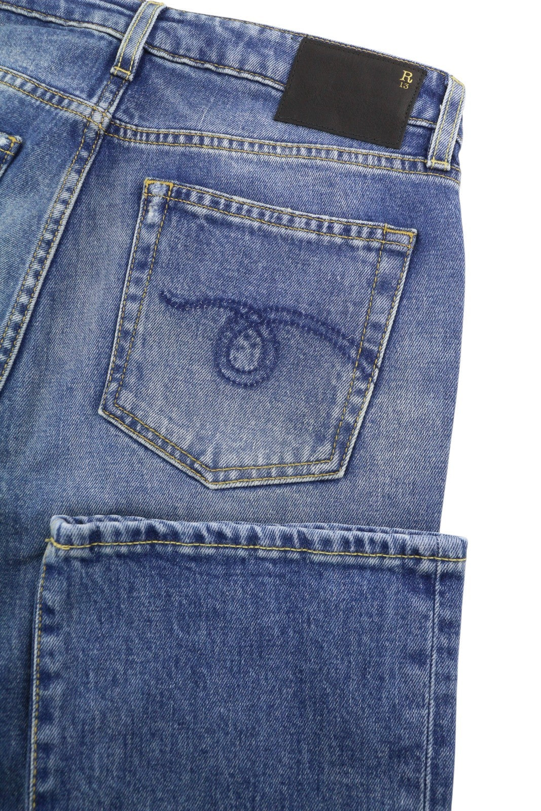 R13 Kick Fit Women Jeans 28 Jasper Stretch Cropped Whiskers Faded Blue PS26