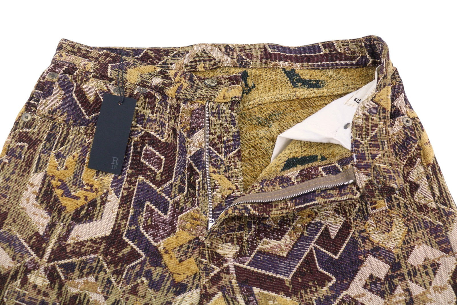 R13 X-BF Women Trousers 29 Geo Brown Jacquard Embroidered Cropped Low Rise PS26