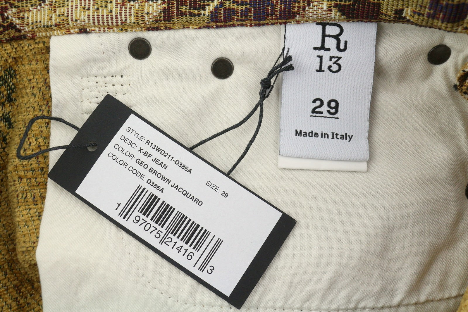 R13 X-BF Women Trousers 29 Geo Brown Jacquard Embroidered Cropped Low Rise PS26