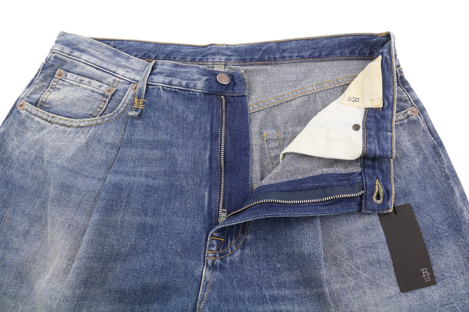 R13 Damon Pleated Women Jeans 36 Kellen Straight Whiskers Faded Blue Denim PS26