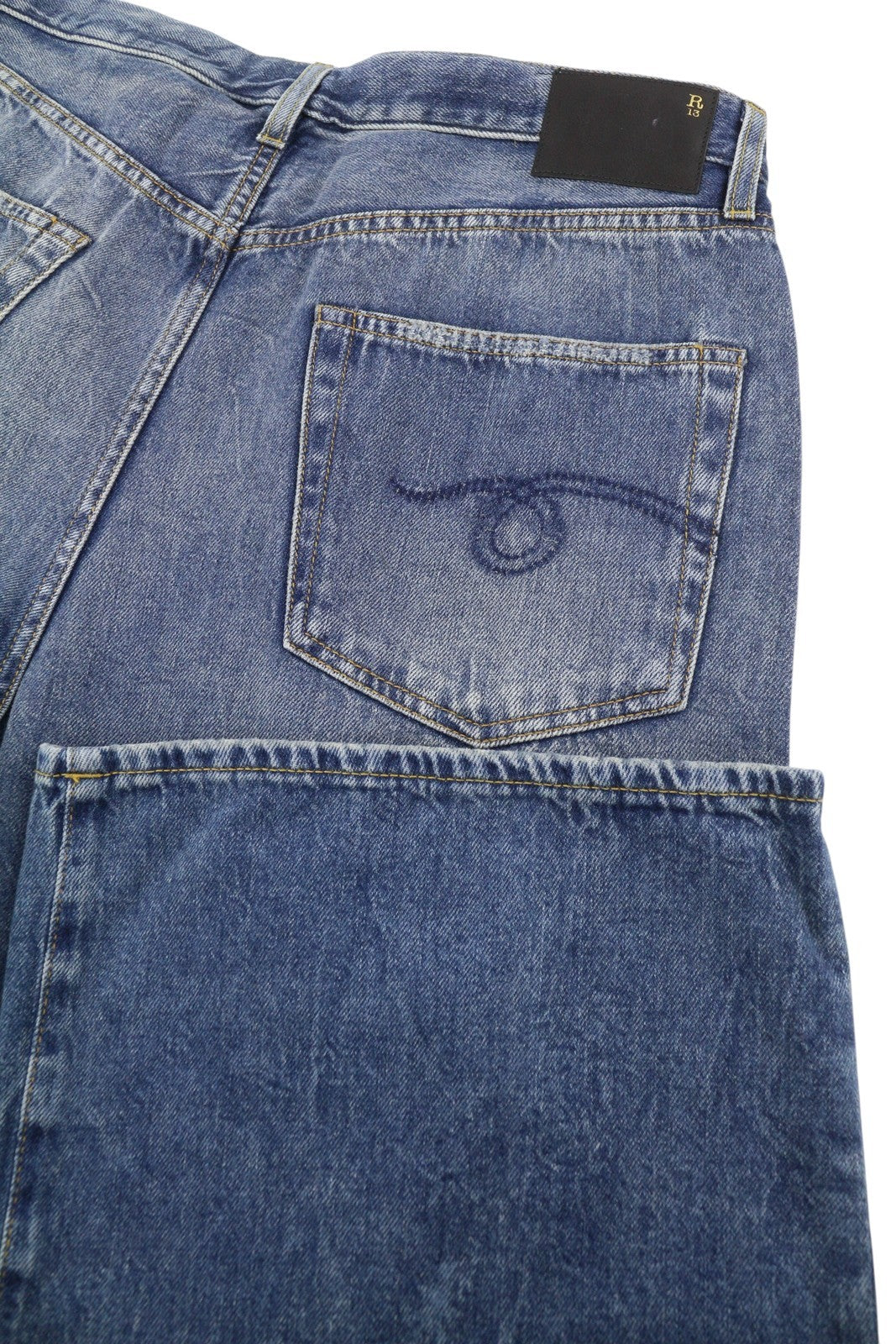 R13 Damon Pleated Women Jeans 33 Kellen Straight Whiskers Faded Blue Denim PS26