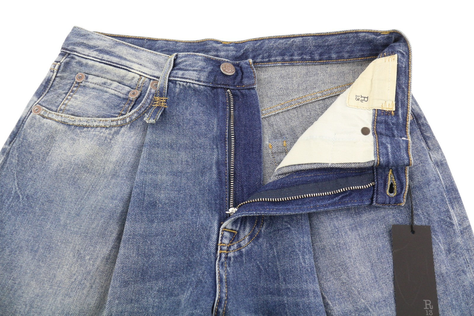 R13 Damon Pleated Women Jeans 30 Kellen Straight Whiskers Faded Blue Denim PS26