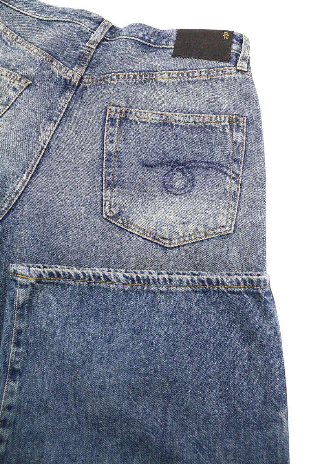 R13 Damon Pleated Women Jeans 30 Kellen Straight Whiskers Faded Blue Denim PS26