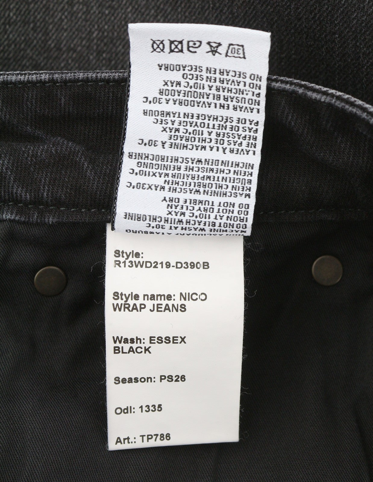 R13 Nico Wrap Women Jeans 27 Essex Black Washed Asymmetrical Front PS26 RRP790