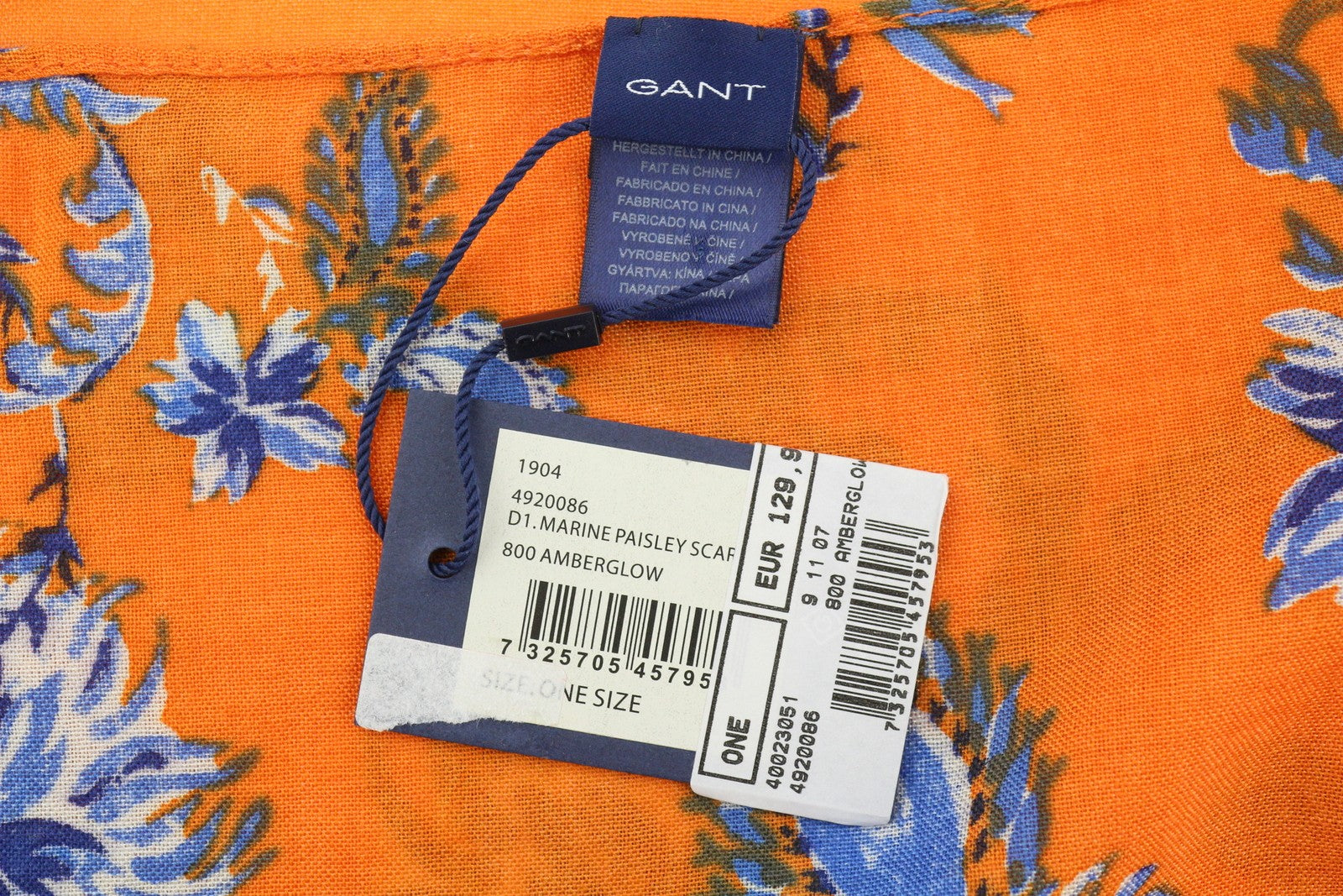 GANT Marine Paisley Women Scarf OS Emberglow Wool Blend Floral Orange RRP129