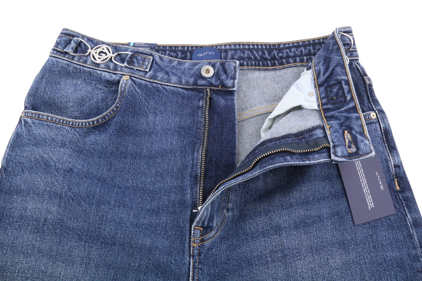 GANT Icon G Hw Flare Women Jeans W33 Mid Blue Whiskers Faded Zip Fly