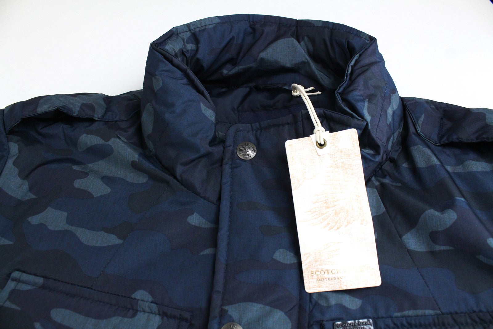 SCOTCH & SODA Men Jacket L Dark Blue Padded Military Camouflage Pattern Hooded