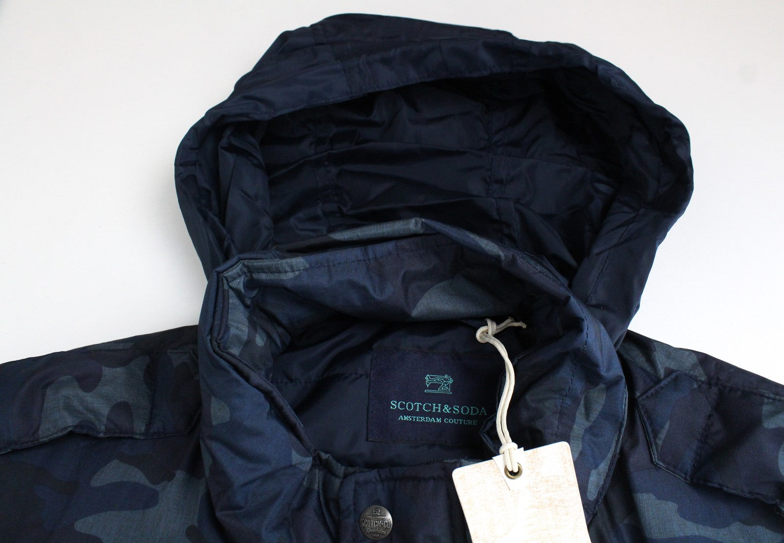 SCOTCH & SODA Men Jacket L Dark Blue Padded Military Camouflage Pattern Hooded