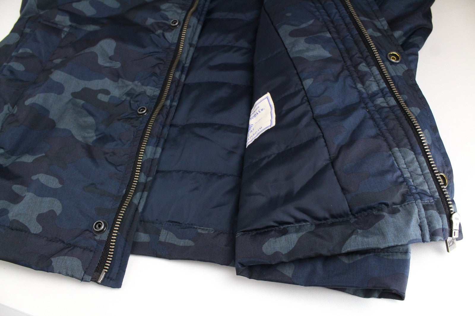 SCOTCH & SODA Men Jacket L Dark Blue Padded Military Camouflage Pattern Hooded