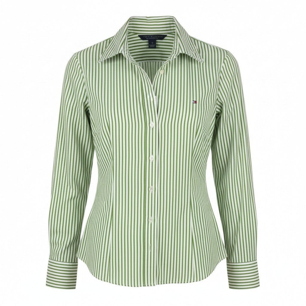 TOMMY HILFIGER Women Shirt XS Green Pinstriped Button-Up Spread Neck Stretch