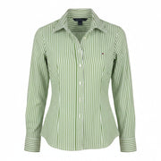 TOMMY HILFIGER Women Shirt XS Green Pinstriped Button-Up Spread Neck Stretch