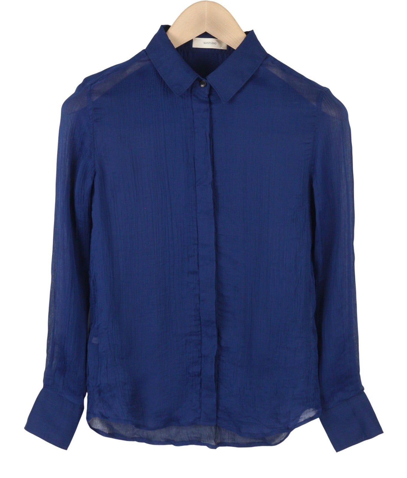SUISTUDIO Charles Women Shirt S Blue Silk Textured Transparent Button-Up