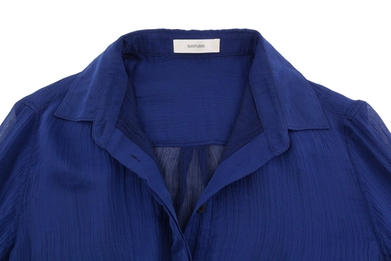 SUISTUDIO Charles Women Shirt S Blue Silk Textured Transparent Button-Up