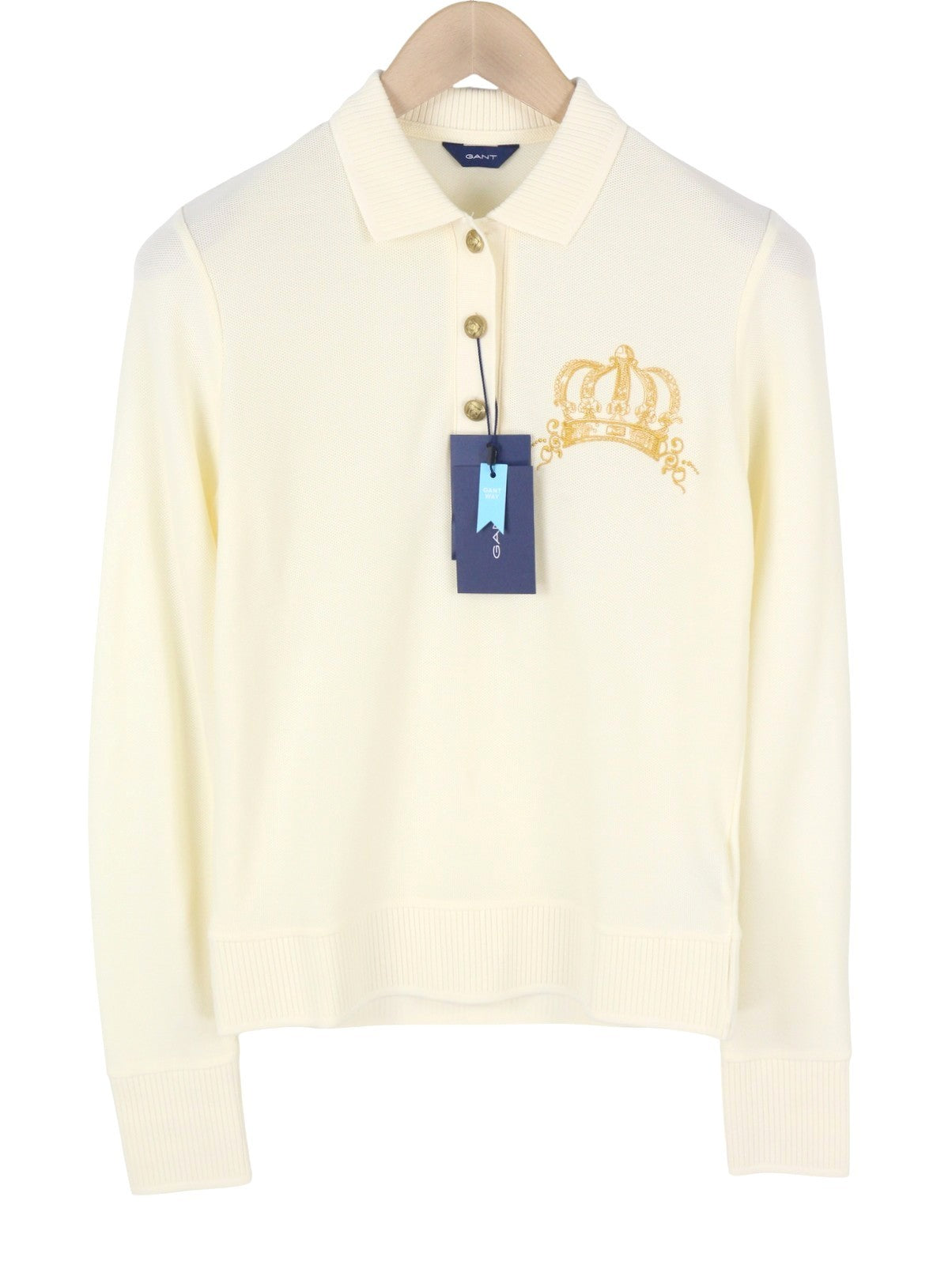 GANT Crown Embroidered Polo Pique Women T-Shirt S Cream Textured Long Sleeve
