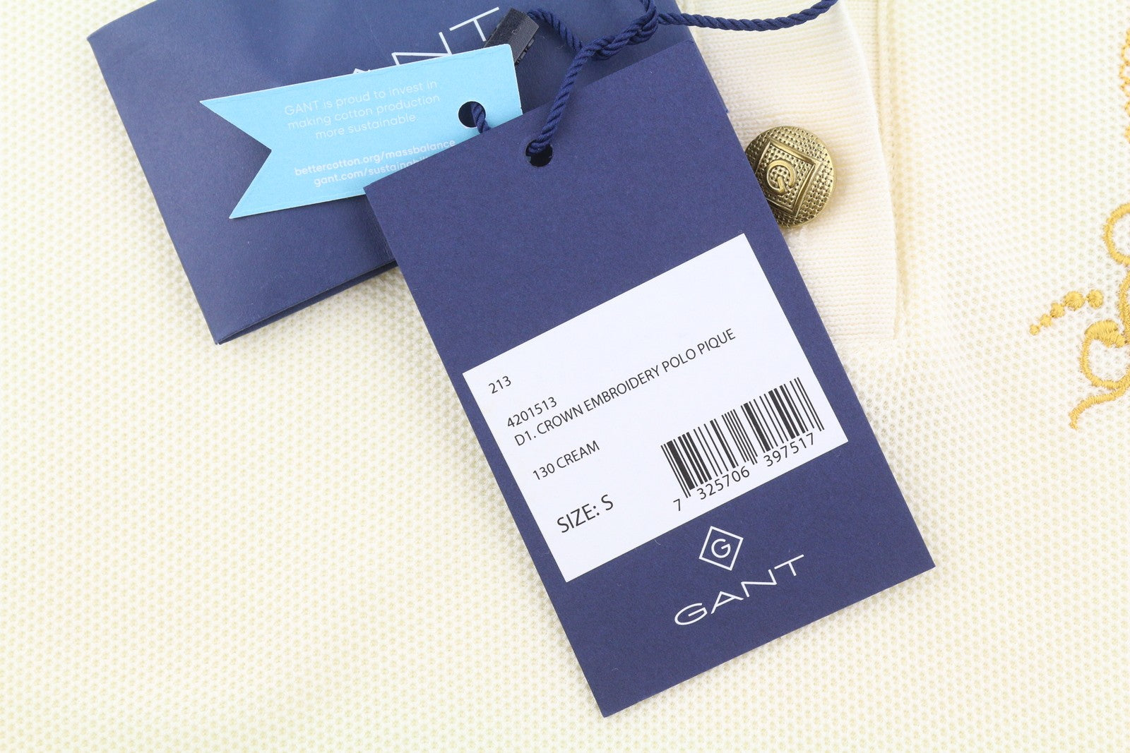 GANT Crown Embroidered Polo Pique Women T-Shirt S Cream Textured Long Sleeve