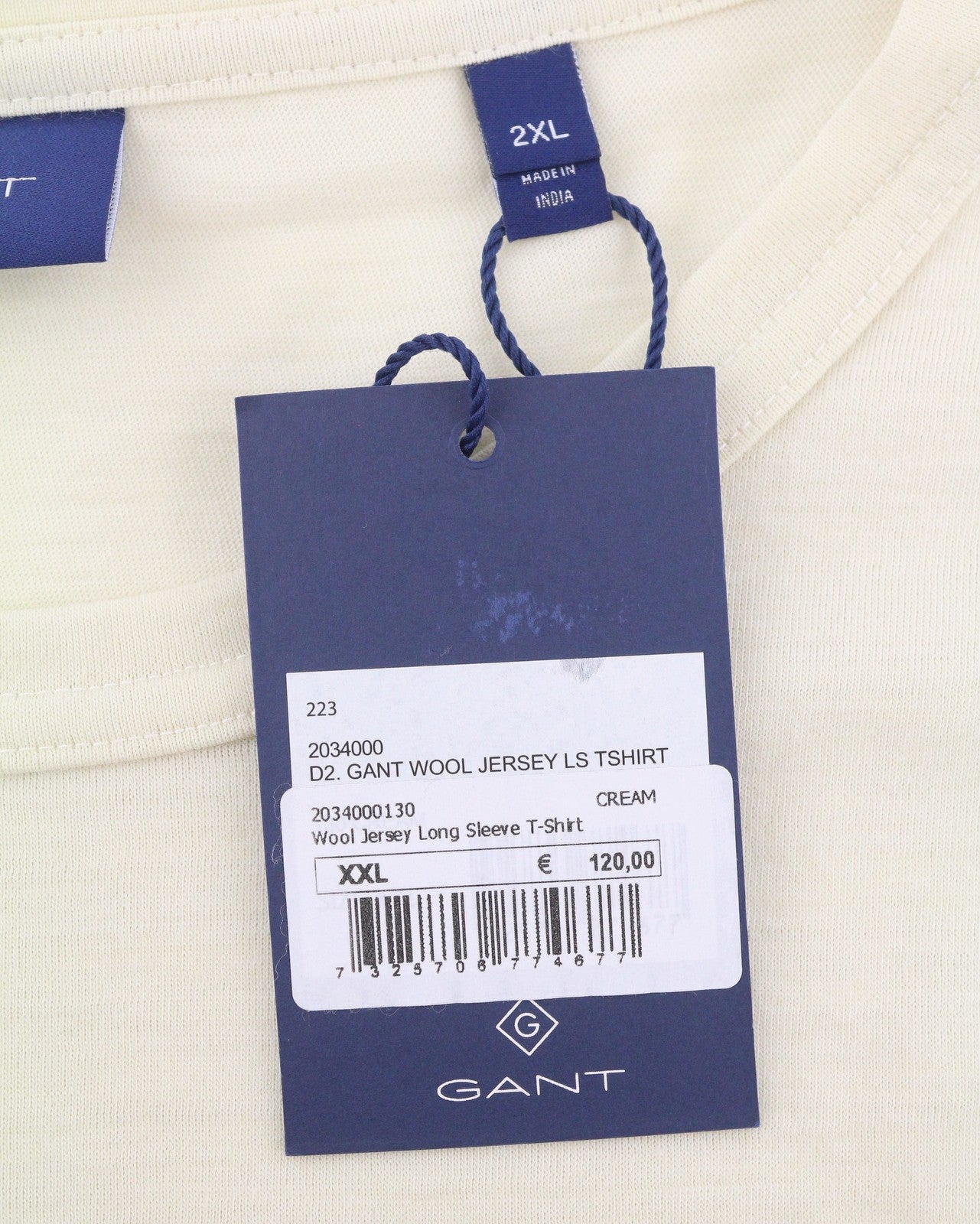 GANT Wool Jersey LS Men T-Shirt 2XL Cream Crew Neck Logo Tricot Long Sleeve