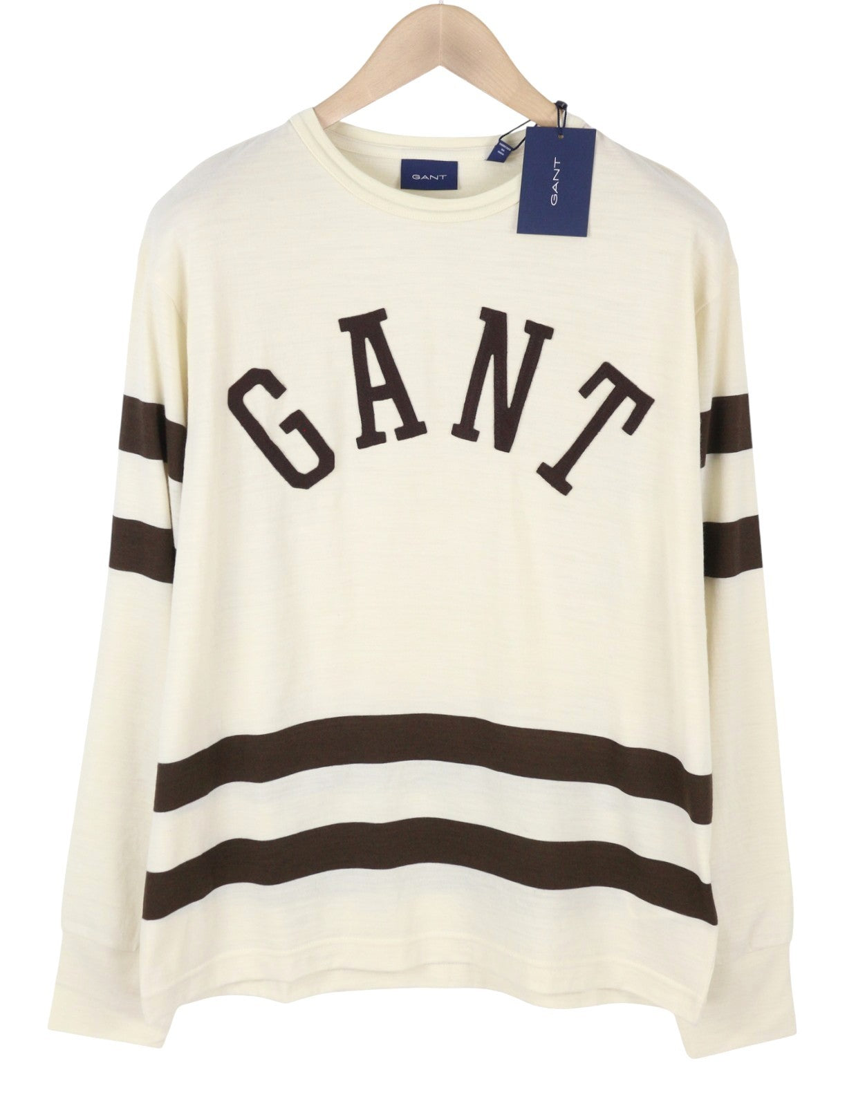 GANT Wool Jersey LS Men T-Shirt S Cream Crew Neck Front Logo Tricot Long Sleeve