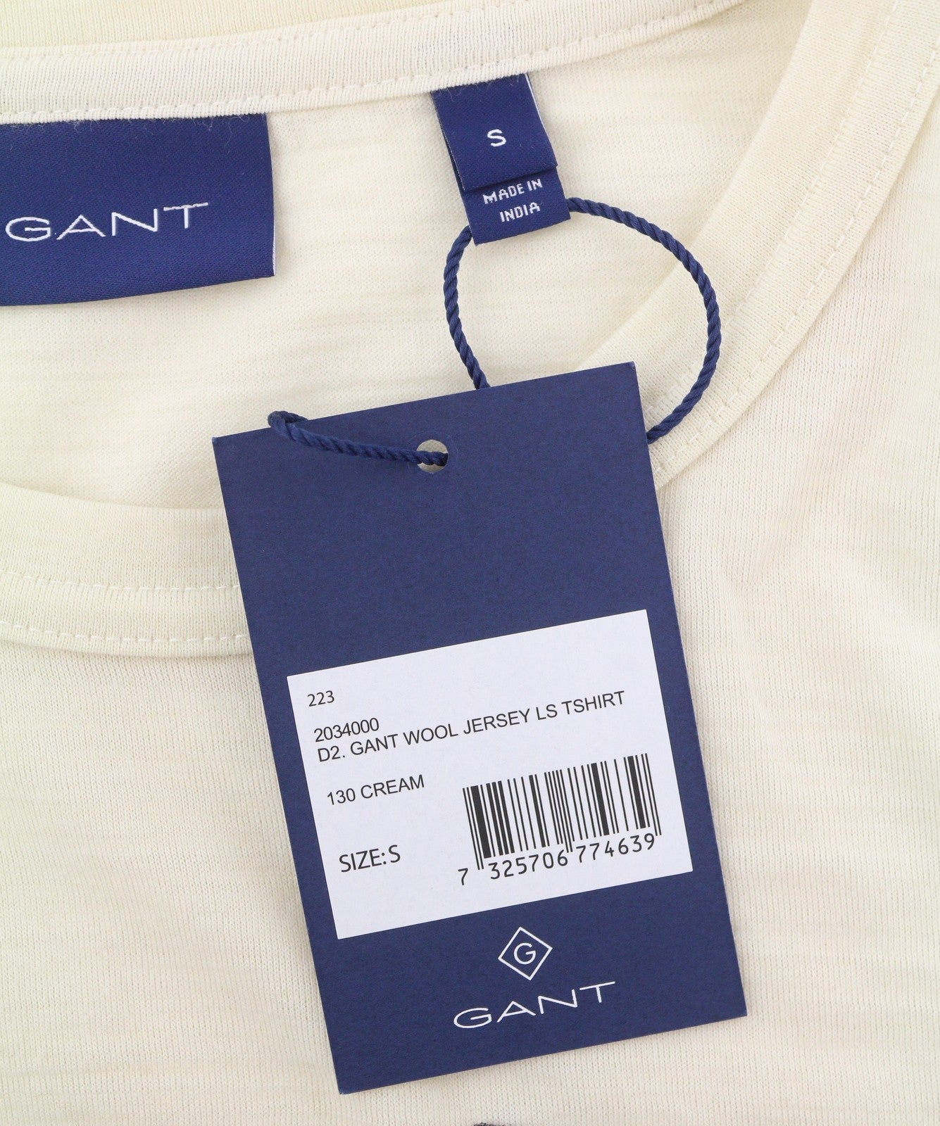GANT Wool Jersey LS Men T-Shirt S Cream Crew Neck Front Logo Tricot Long Sleeve