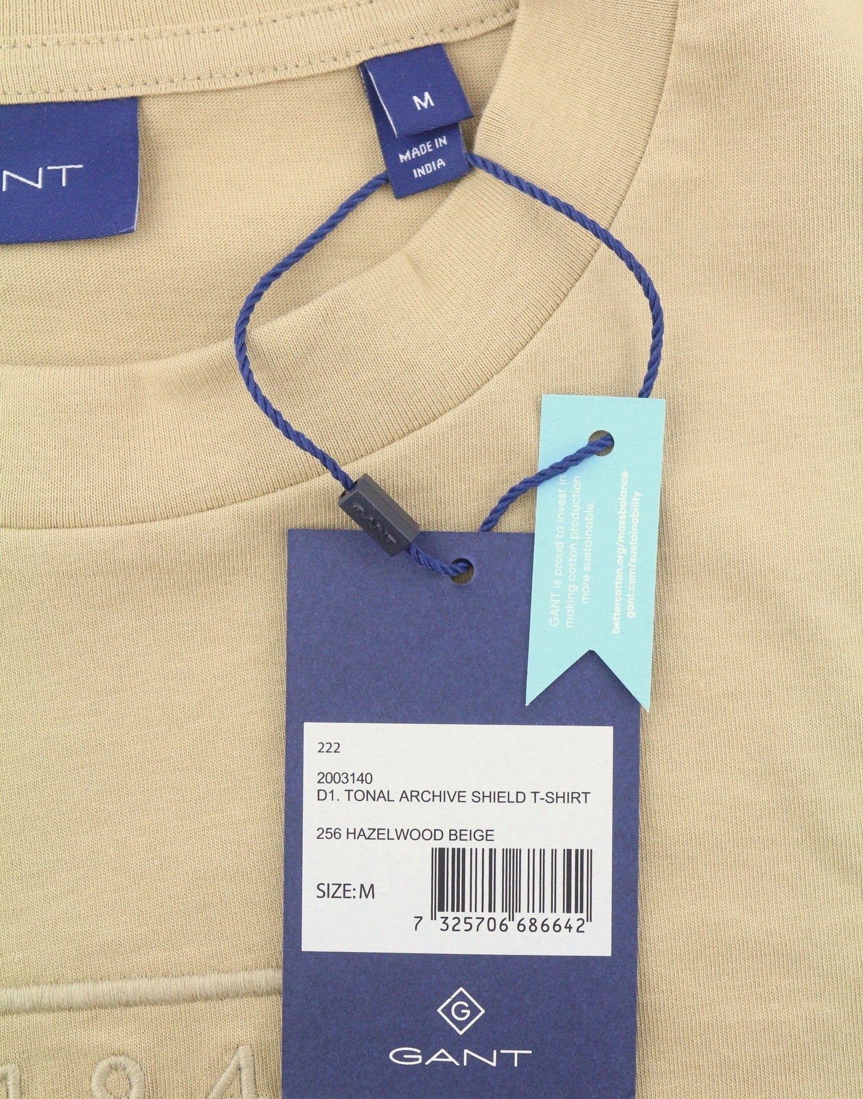 GANT Tonal Archive Shield Men T-Shirt M Hazelwood Beige Tricot Crew Short Sleeve