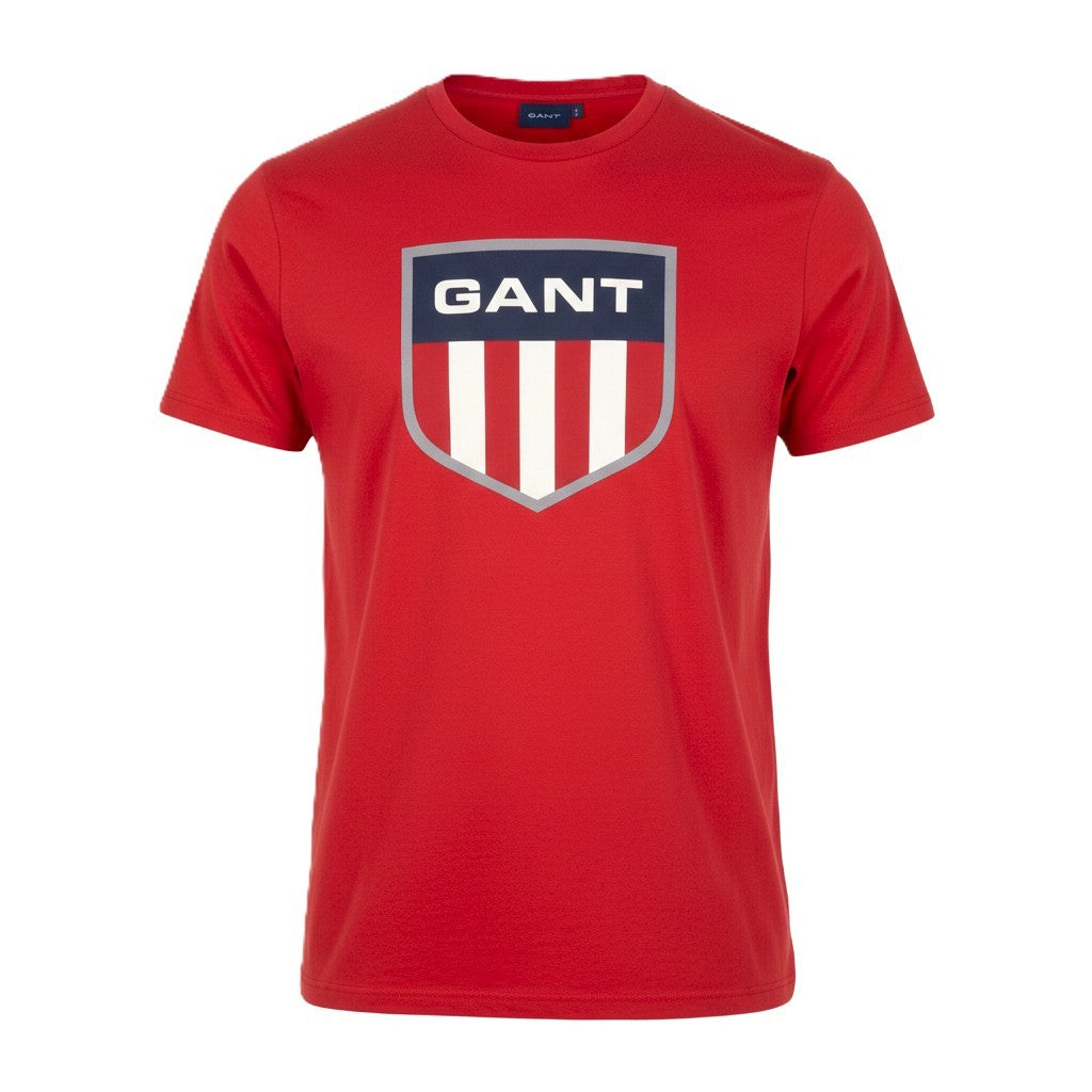 GANT Retro Shield SS Men T-Shirt L Bright Red Cotton Tricot Logo Short Sleeve