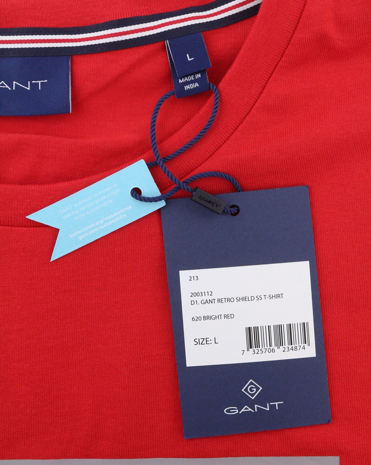 GANT Retro Shield SS Men T-Shirt L Bright Red Cotton Tricot Logo Short Sleeve