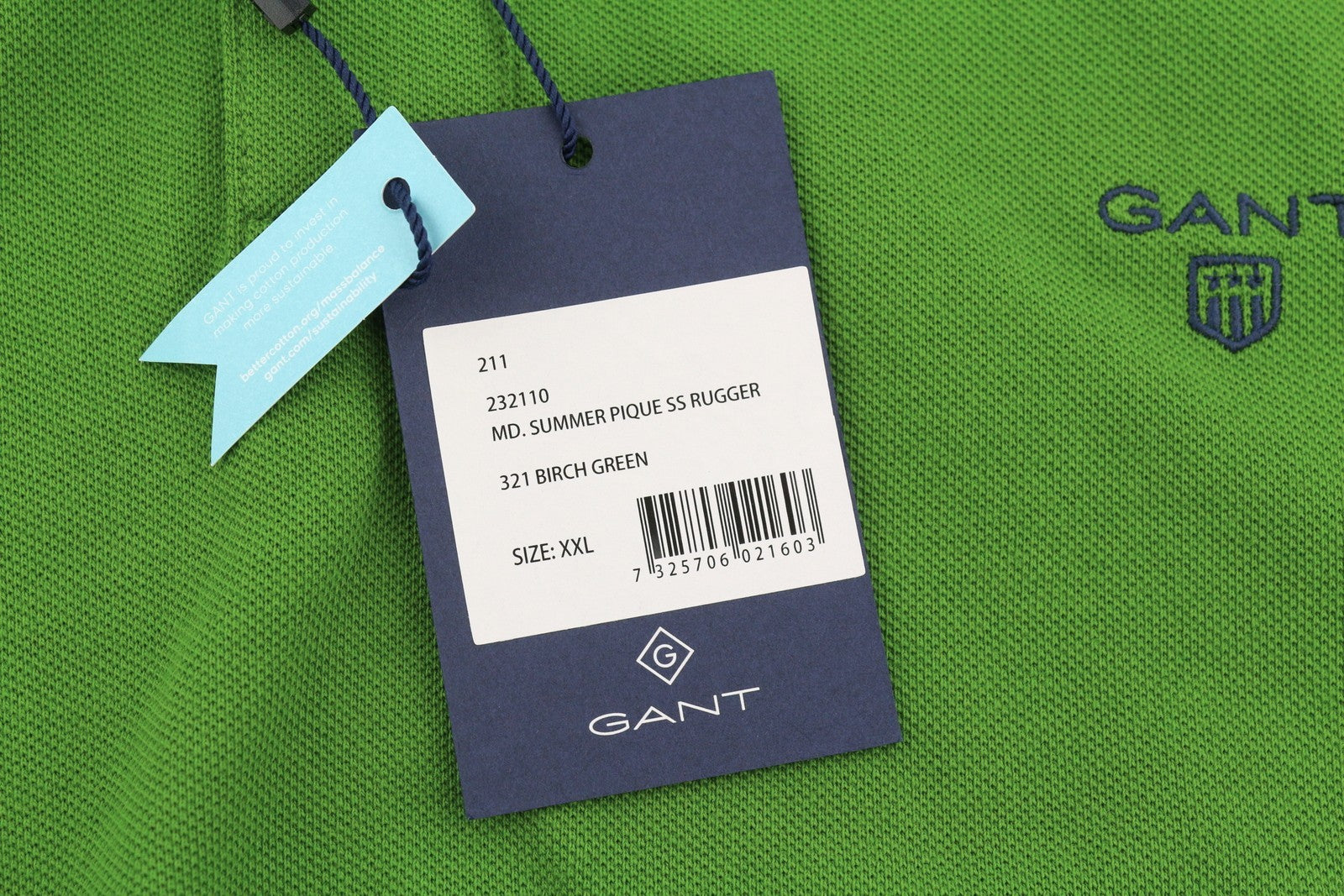 GANT Summer Pique SS Rugger Men Polos 2XL Birch Green Logo Short Sleeve