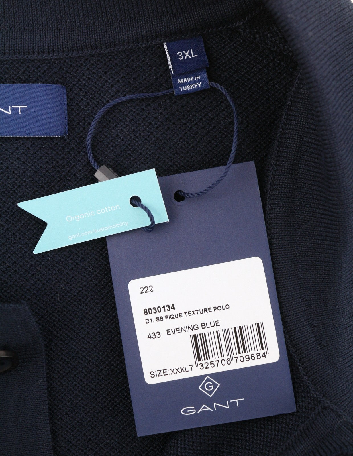 GANT SS Pique Texture Men Polos 3XL Evening Blue Organic Short Sleeve T-Shirt