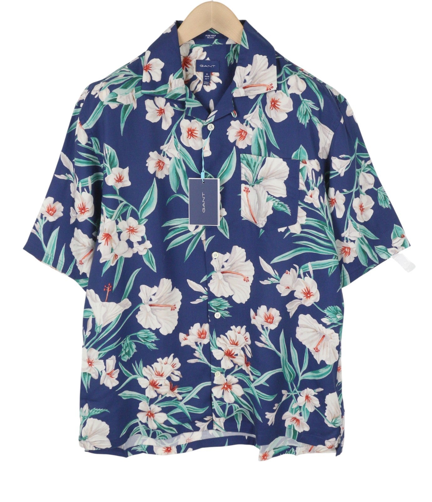 GANT PP Floral Lyocell SS Camp Men Shirt M Deep Blue Patch Pocket Short Sleeve