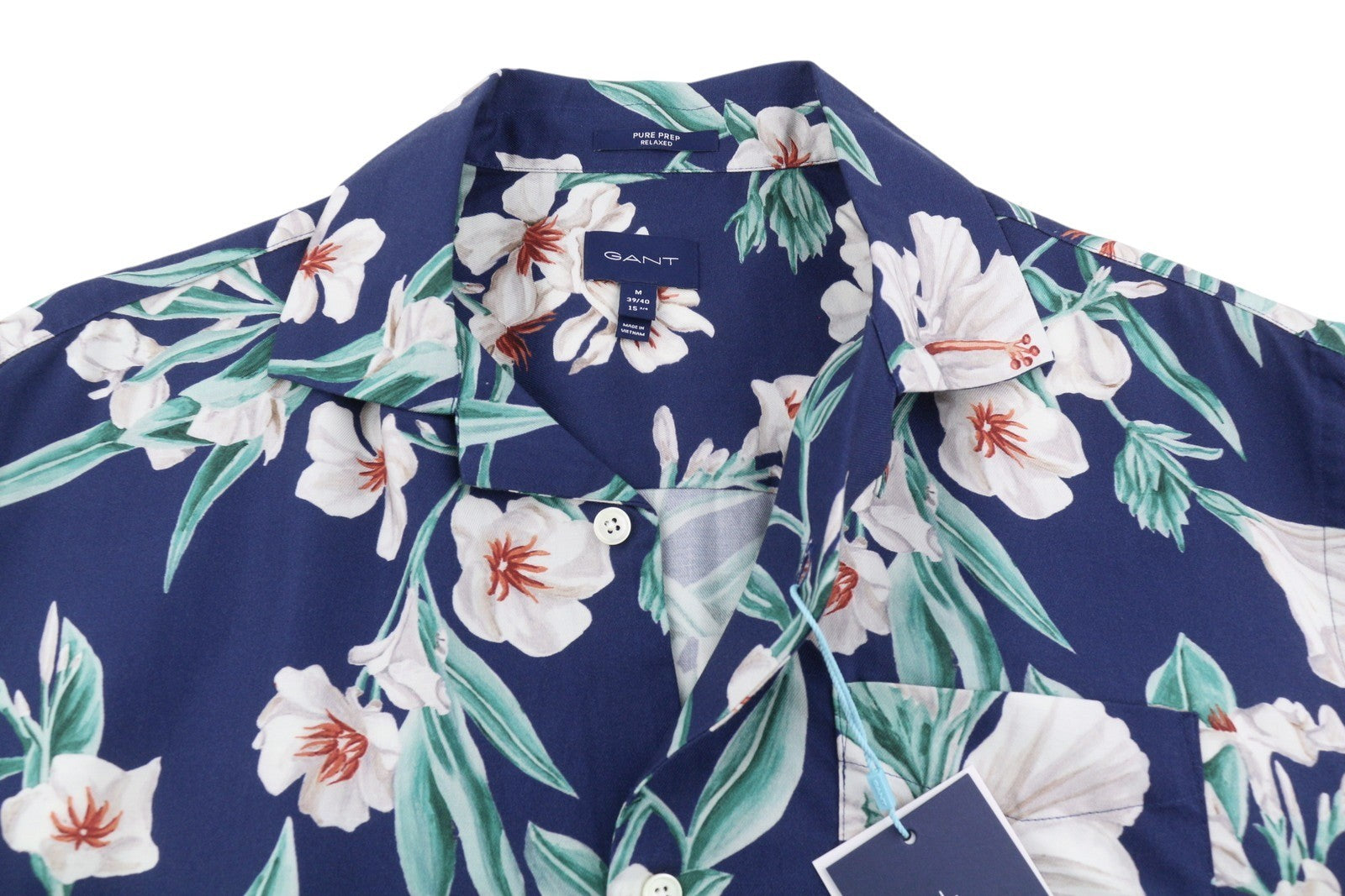 GANT PP Floral Lyocell SS Camp Men Shirt M Deep Blue Patch Pocket Short Sleeve