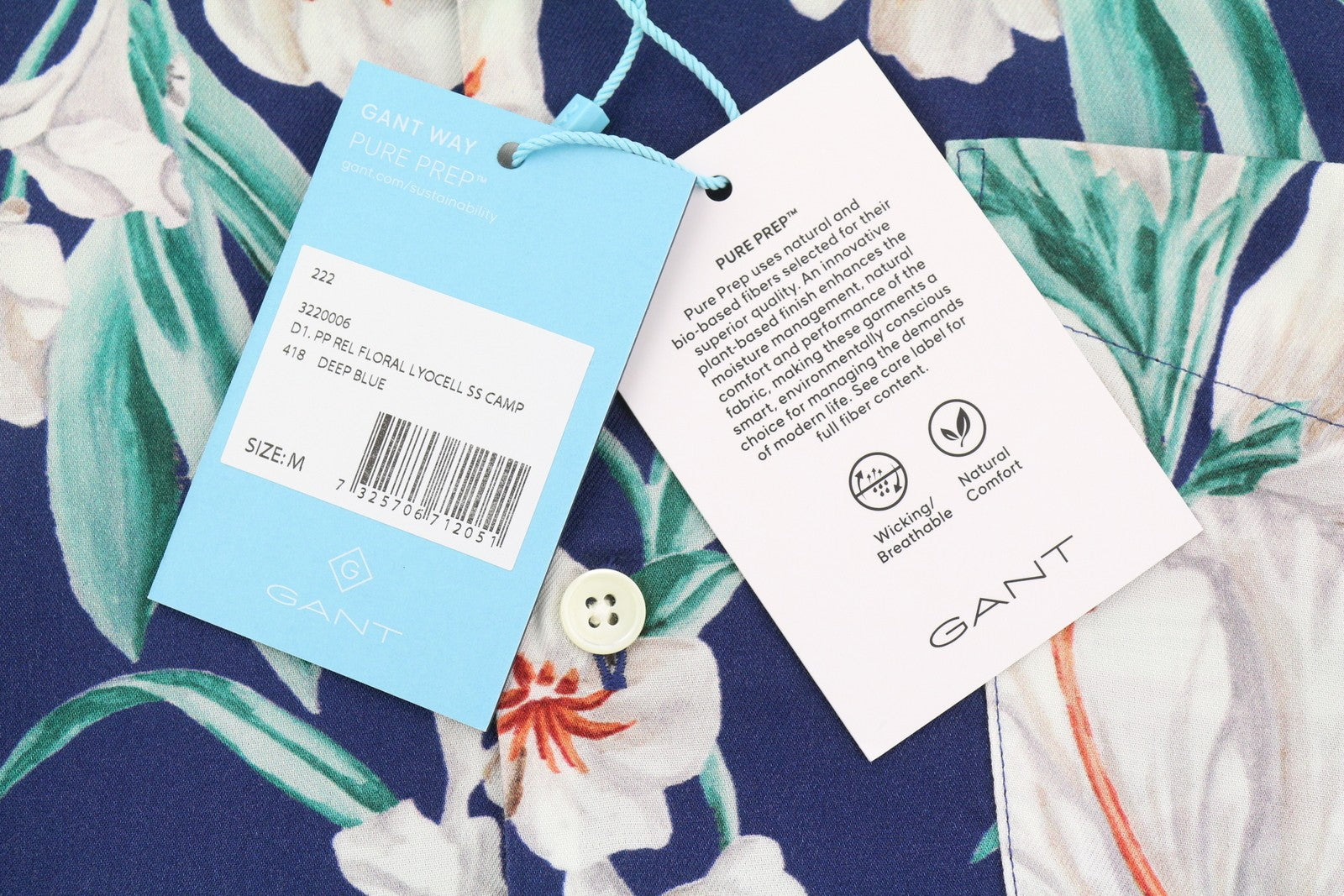 GANT PP Floral Lyocell SS Camp Men Shirt M Deep Blue Patch Pocket Short Sleeve