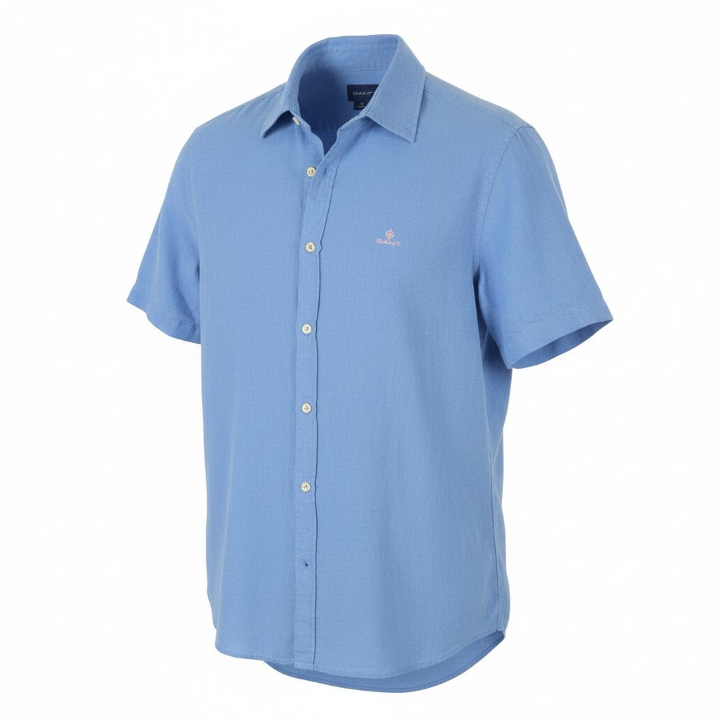 GANT GMT Dyed Linen Slim BD SS Men Shirt XL Mid Blue Button-Up Short Sleeve