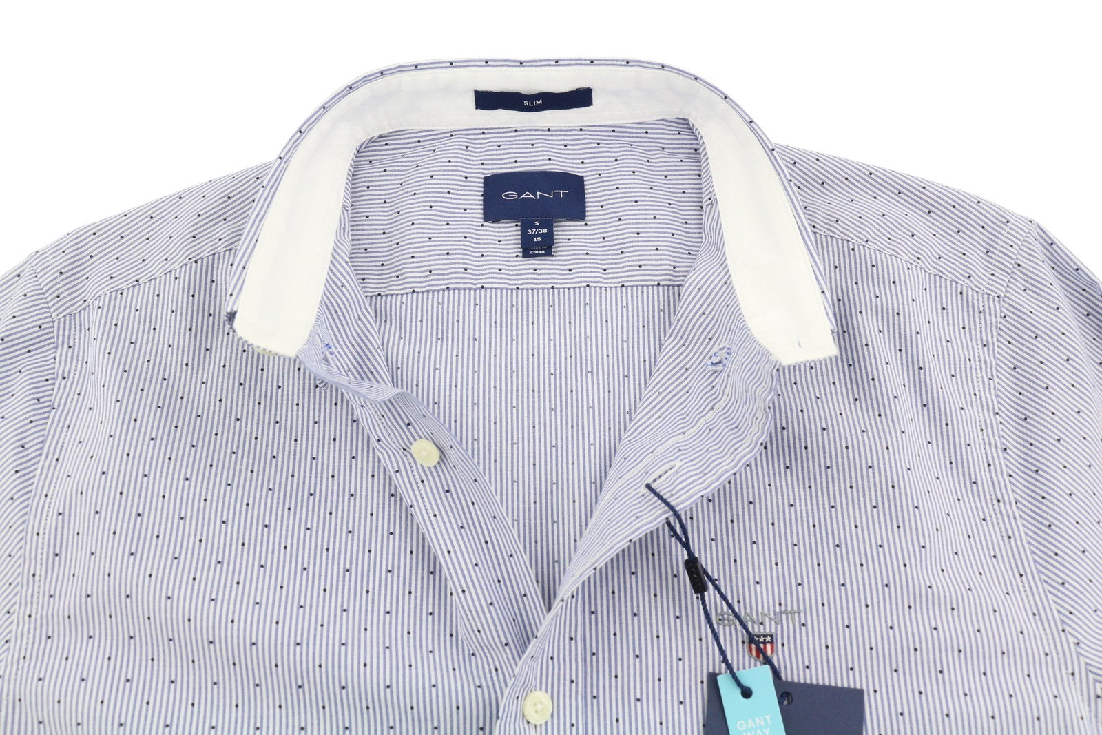 GANT Slim Banker Dot BD Men Shirt S College Blue Striped Button-Down Casual