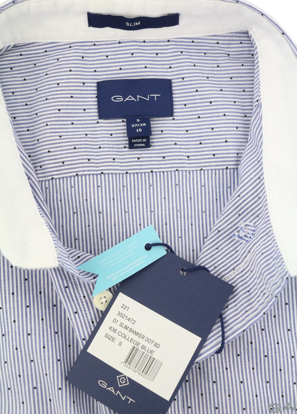 GANT Slim Banker Dot BD Men Shirt S College Blue Striped Button-Down Casual