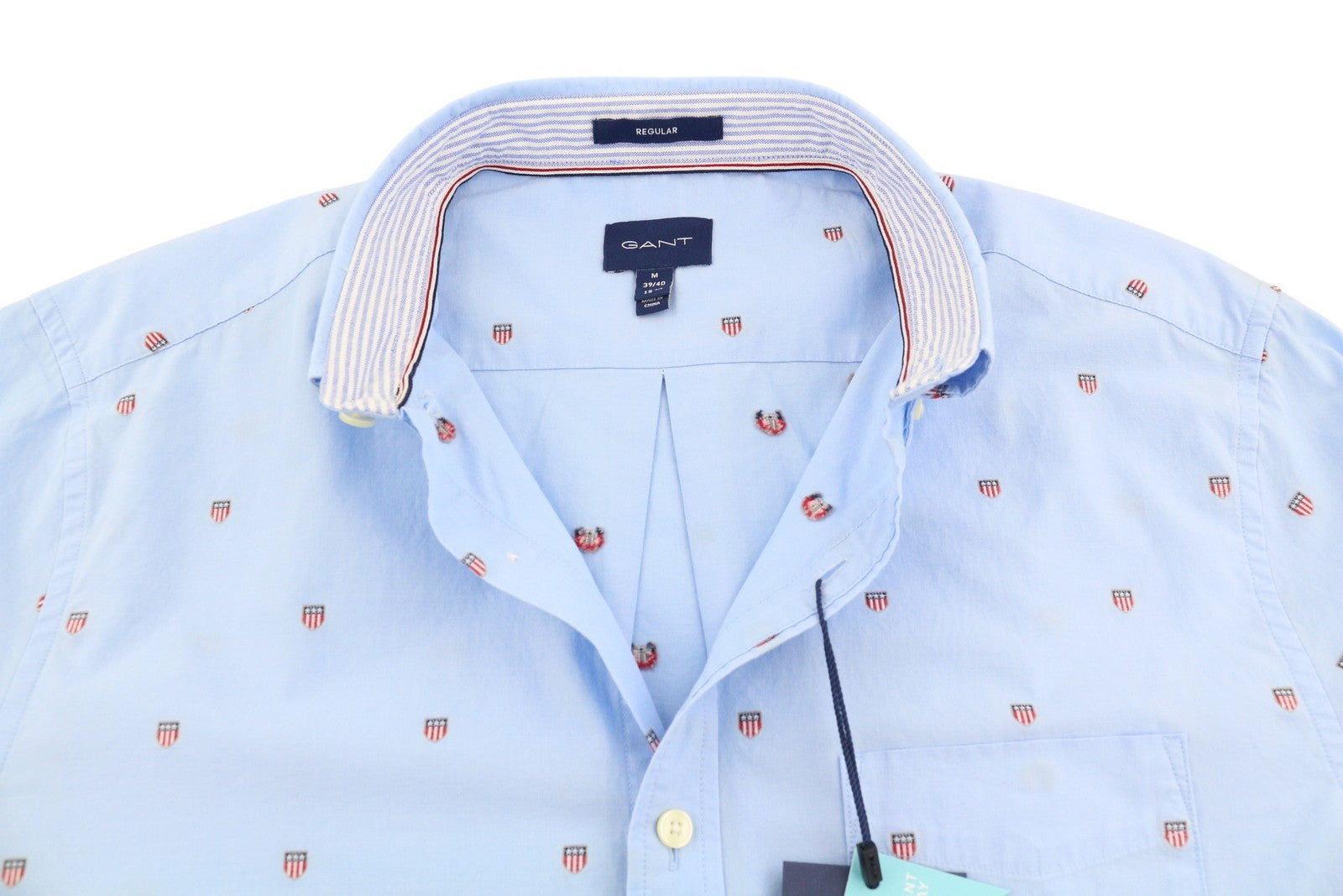 GANT Reg UT Shield Fil Coupe BD Men Shirt M Capri Blue Embroidered Logo Buttoned