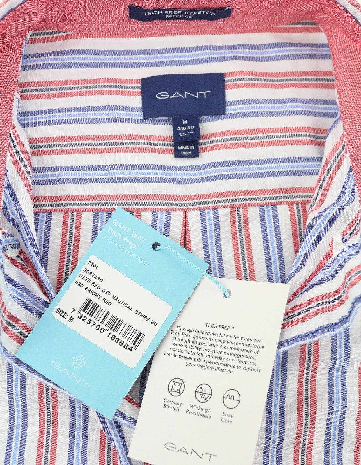 GANT TP Reg Oxf Nautical Stripe BD Men Shirt M Bright Red Button-Down Pocket