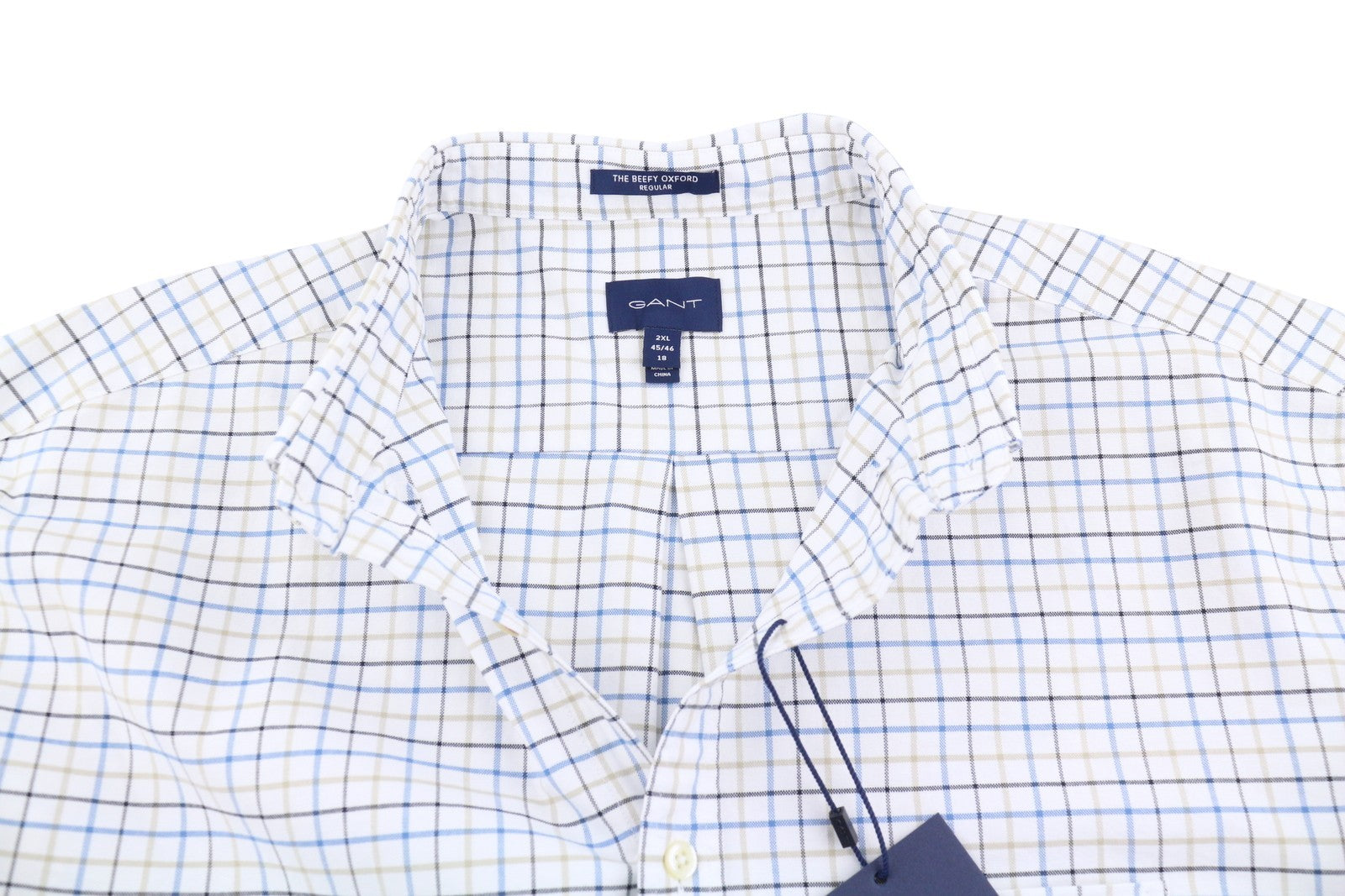 GANT The Beefy Oxford Check Reg BD Men Shirt 2XL Mid Blue Buttoned Patch Pocket