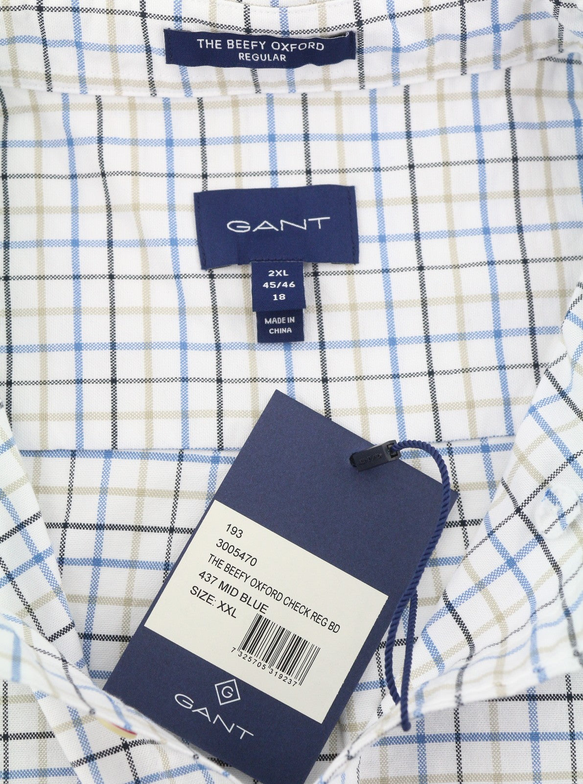 GANT The Beefy Oxford Check Reg BD Men Shirt 2XL Mid Blue Buttoned Patch Pocket