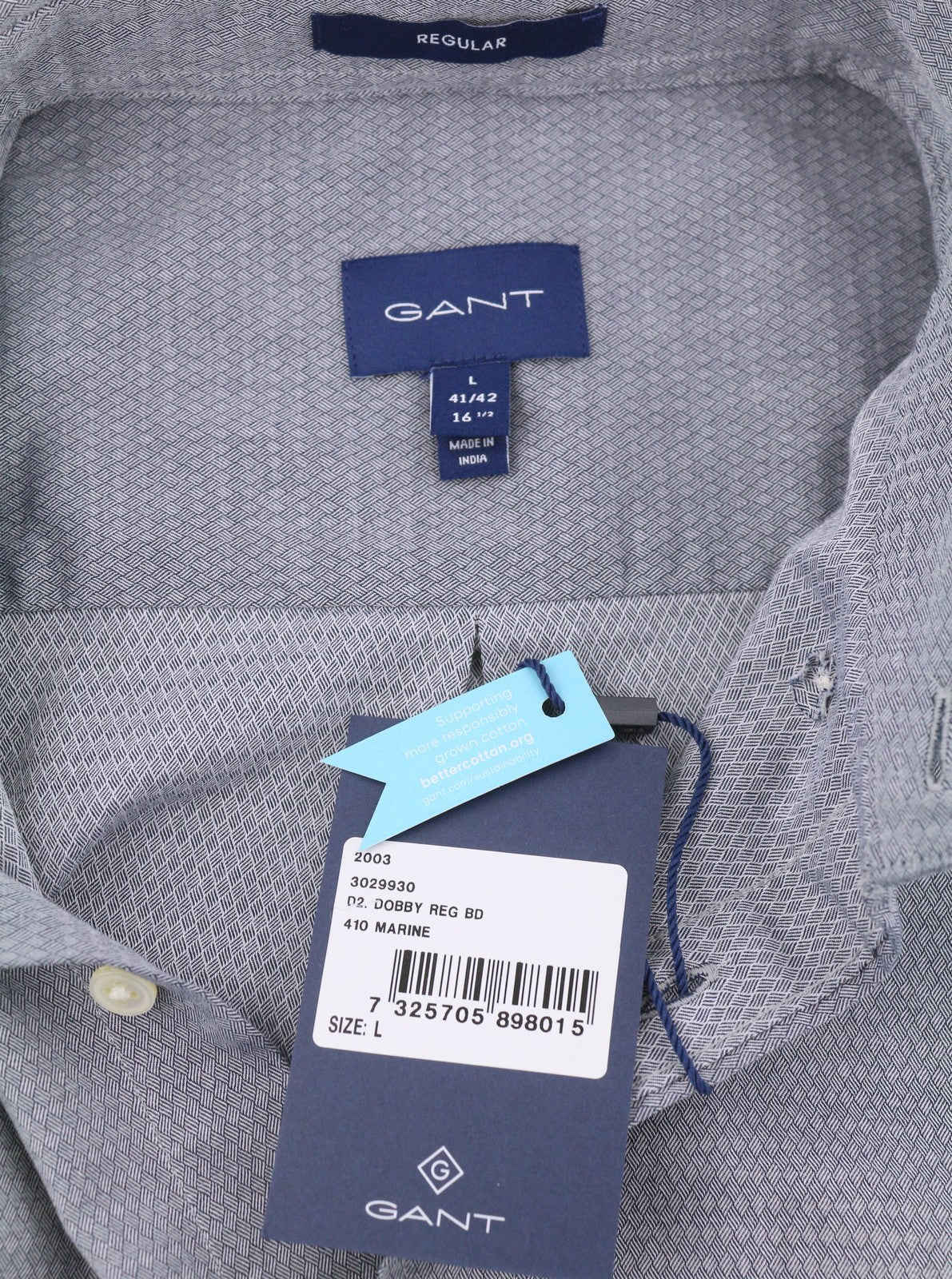 GANT Dobby Reg BD Men Shirt L Marine Cotton Button-Down Neck Logo Casual