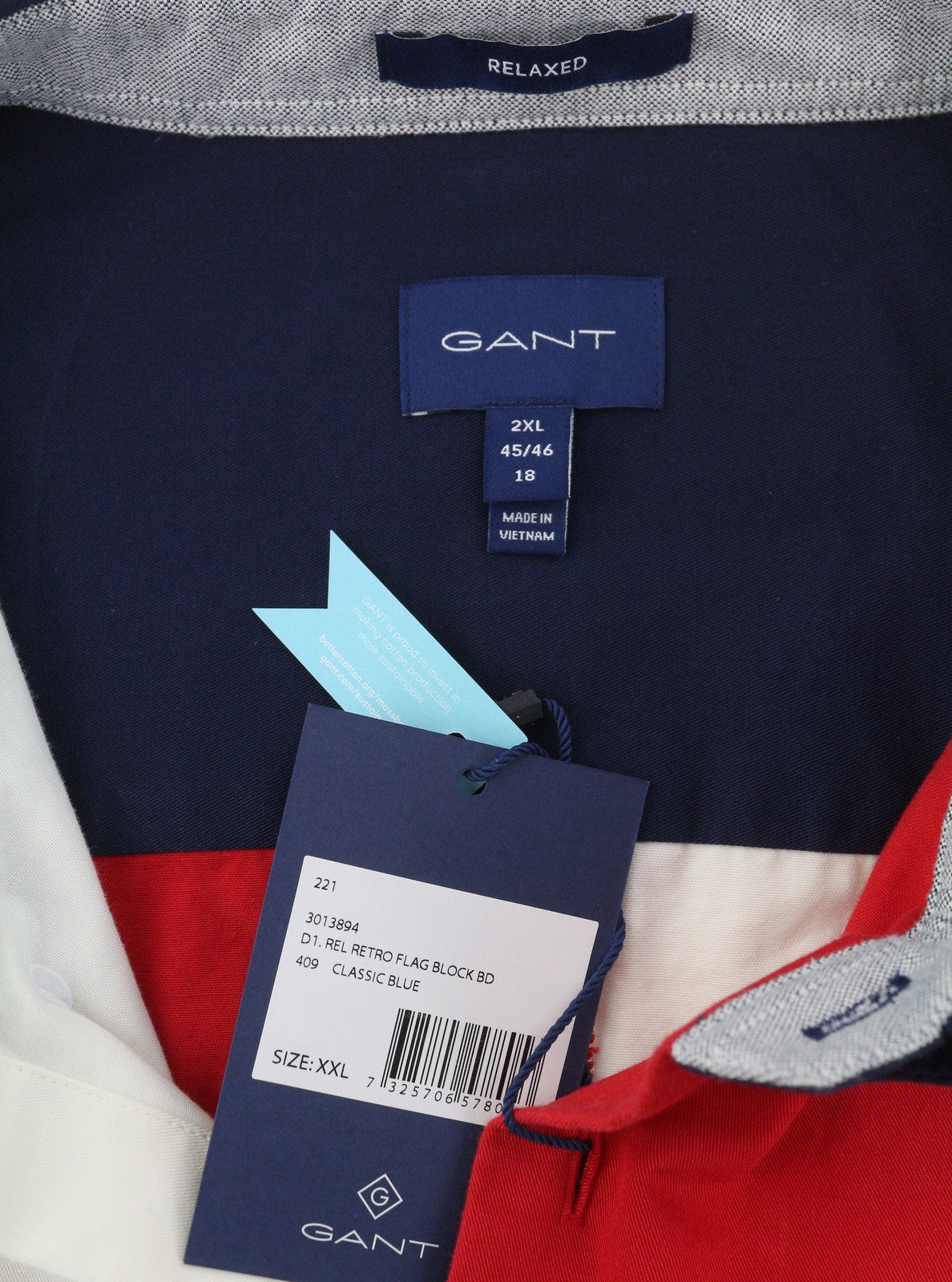 GANT Rel Retro Flag Block BD Men Shirt 2XL Classic Blue Button-Down Neck Logo