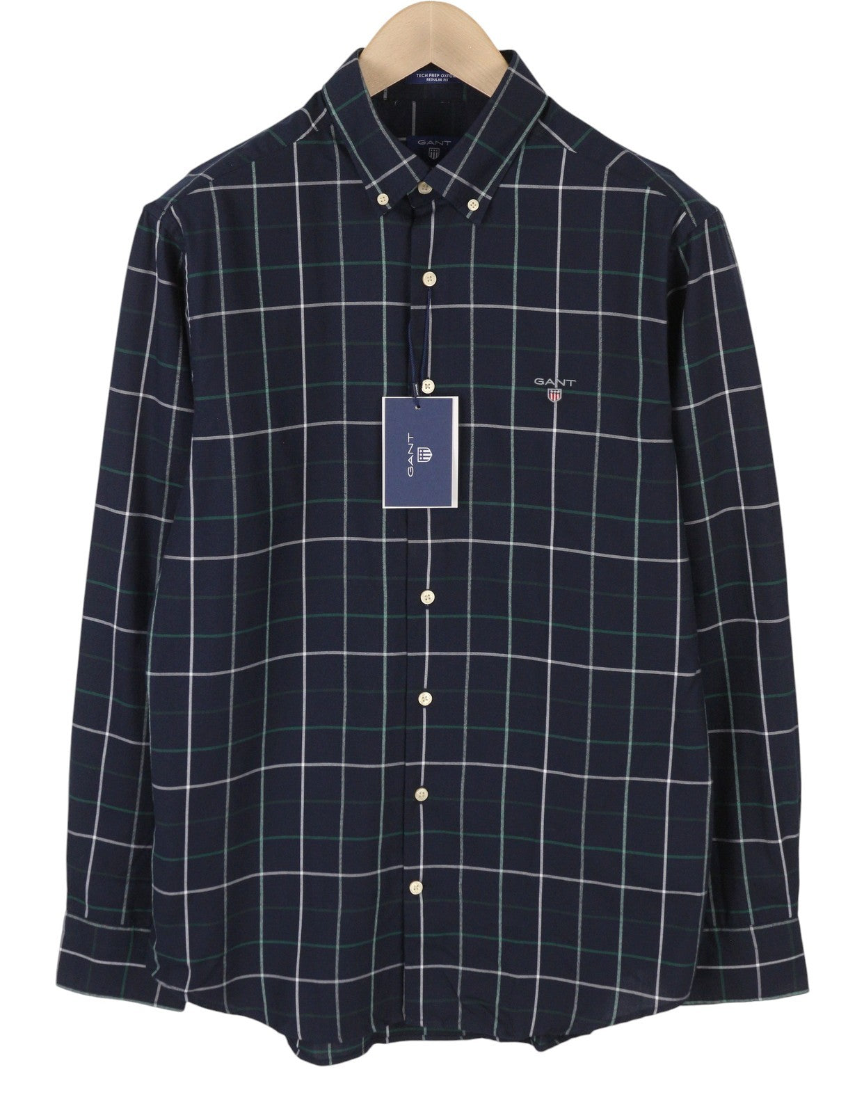 GANT Tech Prep Oxford Check Reg Men Shirt M Ivy Green Button-Down Neck Casual