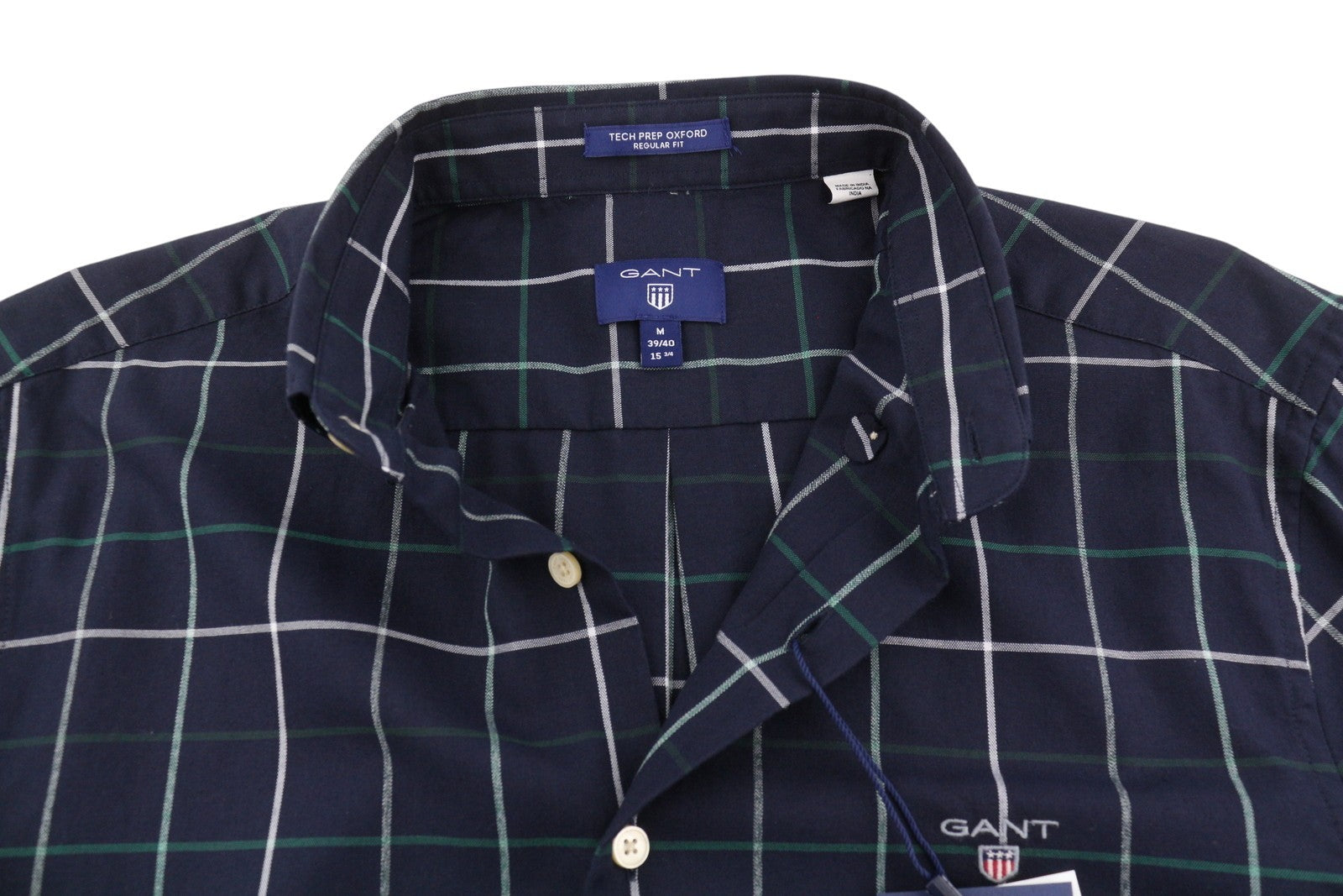 GANT Tech Prep Oxford Check Reg Men Shirt M Ivy Green Button-Down Neck Casual