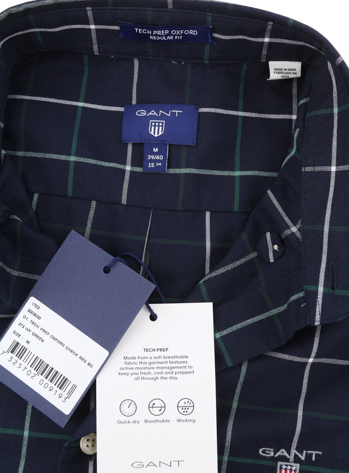 GANT Tech Prep Oxford Check Reg Men Shirt M Ivy Green Button-Down Neck Casual